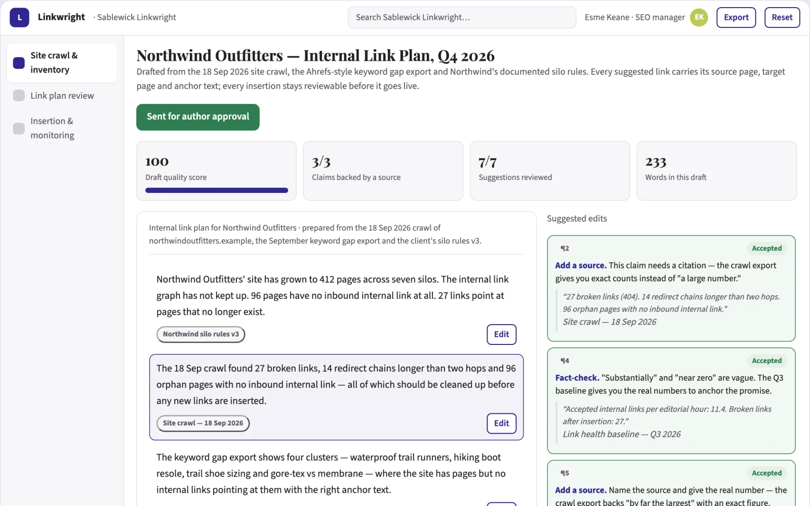 Screenshot of the Internal link planning and insertion workspace interactive demo