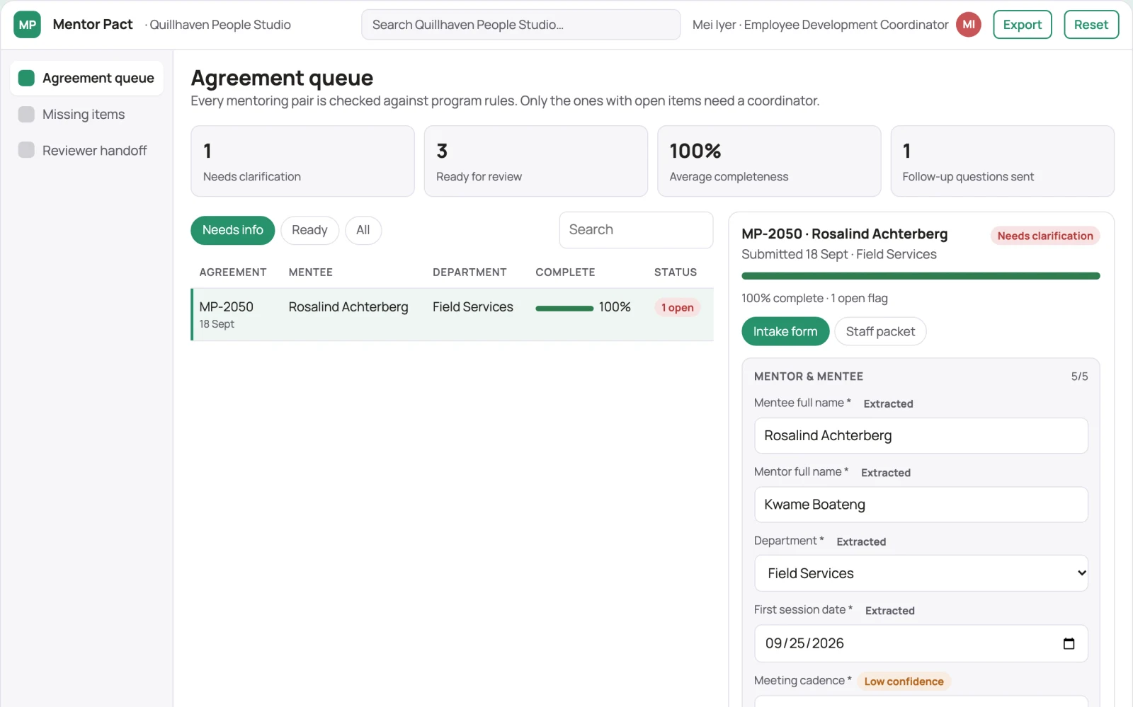 Screenshot of the Internal mentoring agreement builder interactive demo