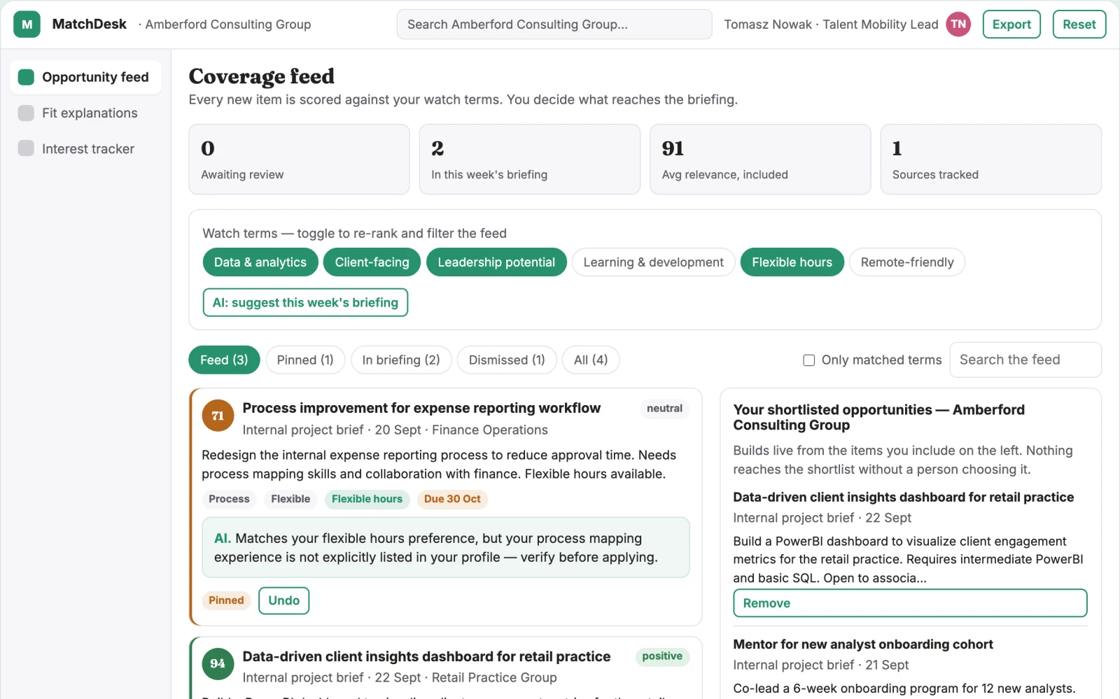 Demo screen of Internal opportunity matcher