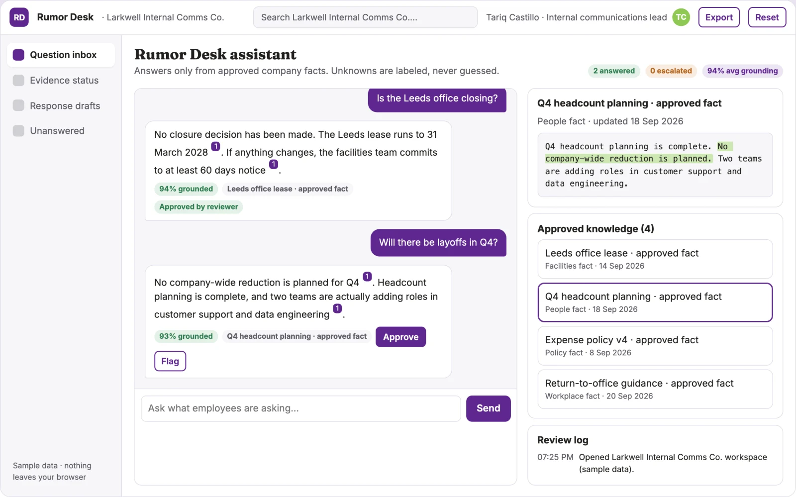 Screenshot of the Internal rumor response evidence desk interactive demo