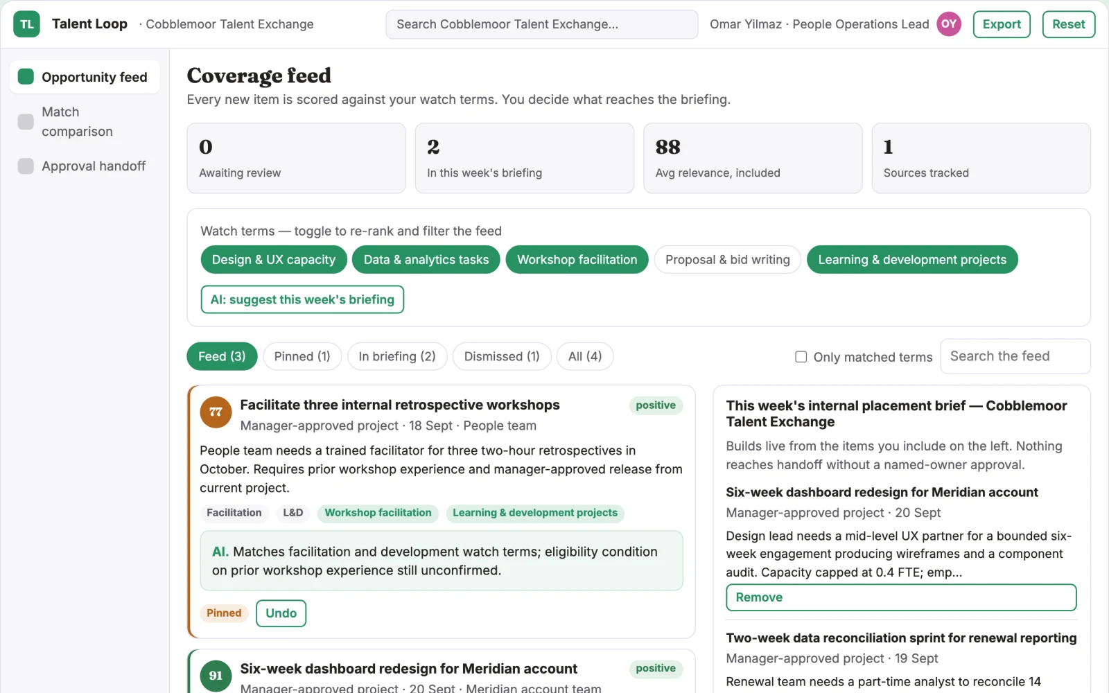 Screenshot of the Internal short-project talent exchange interactive demo