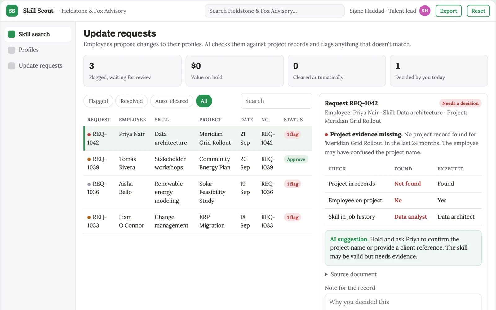 Screenshot of the Internal skills directory interactive demo