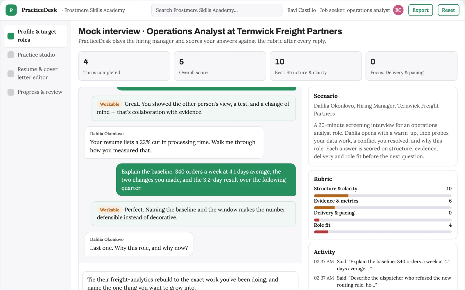Screenshot of the Interview and resume practice workspace interactive demo