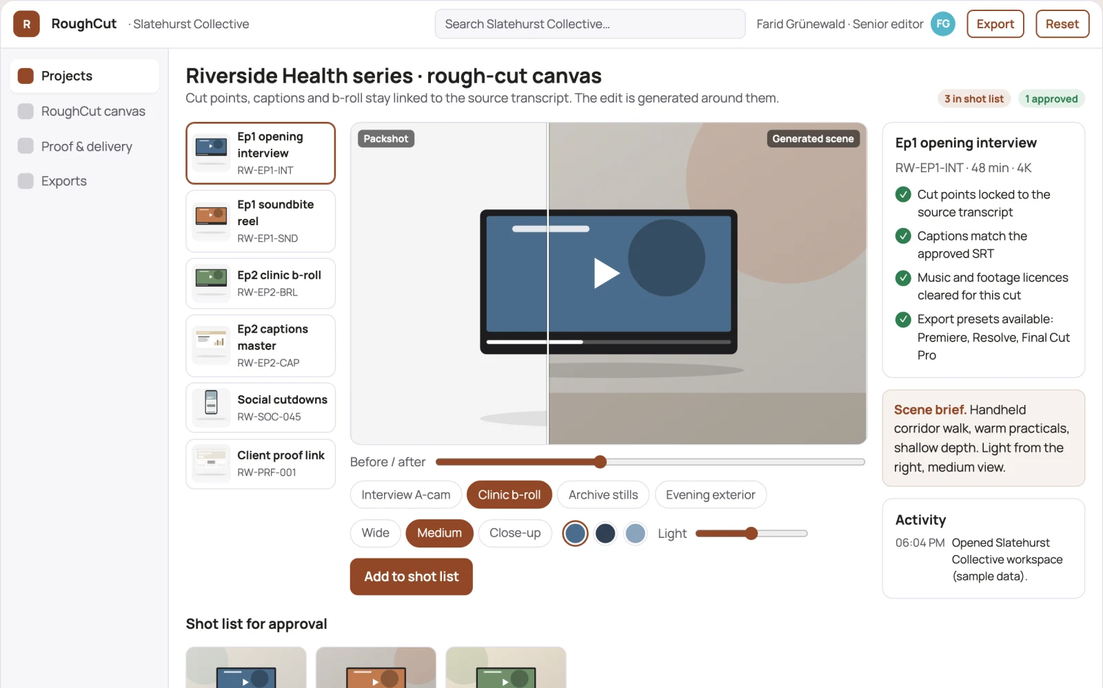 Screenshot of the Interview footage rough-cut production workbench interactive demo