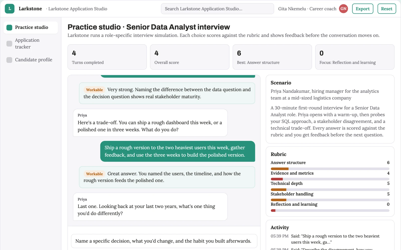 Screenshot of the Interview practice and application management workbench interactive demo
