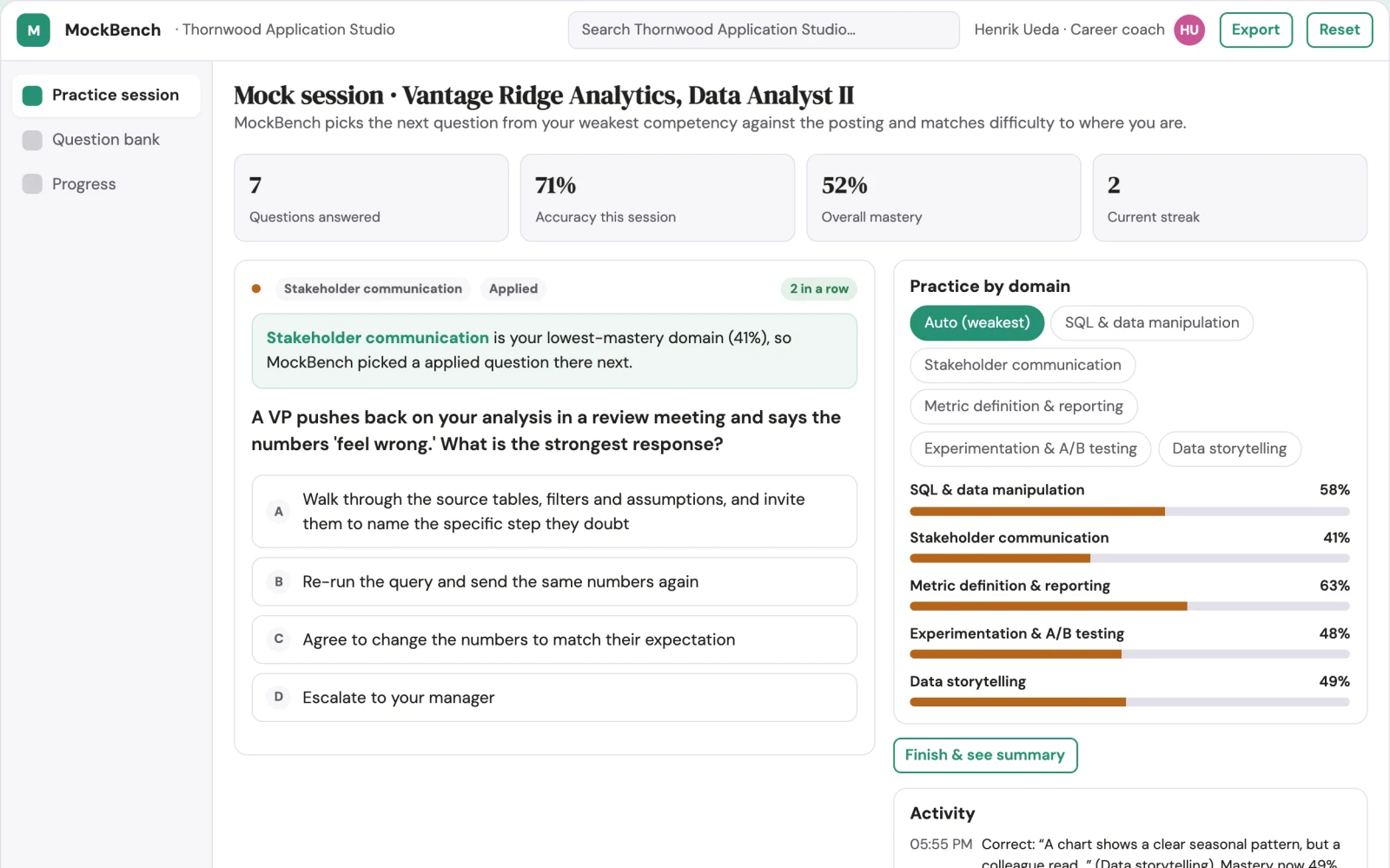 Screenshot of the Interview practice and mock session workbench interactive demo
