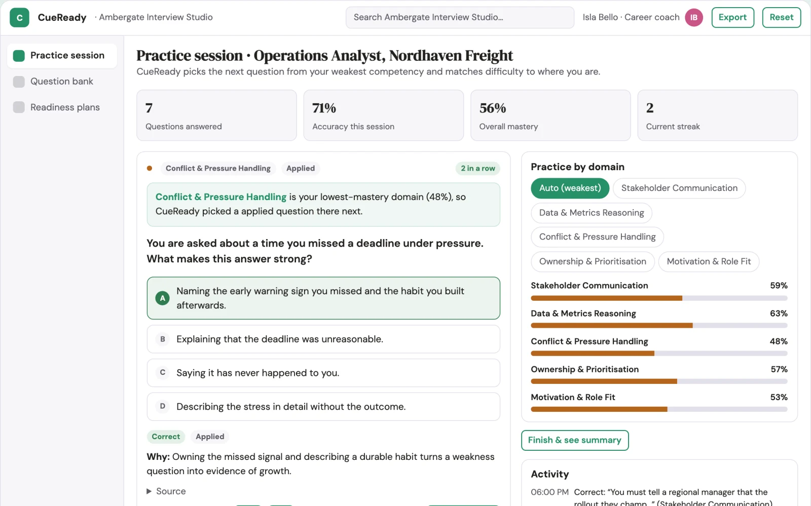 Screenshot of the Interview readiness practice and live support workbench interactive demo