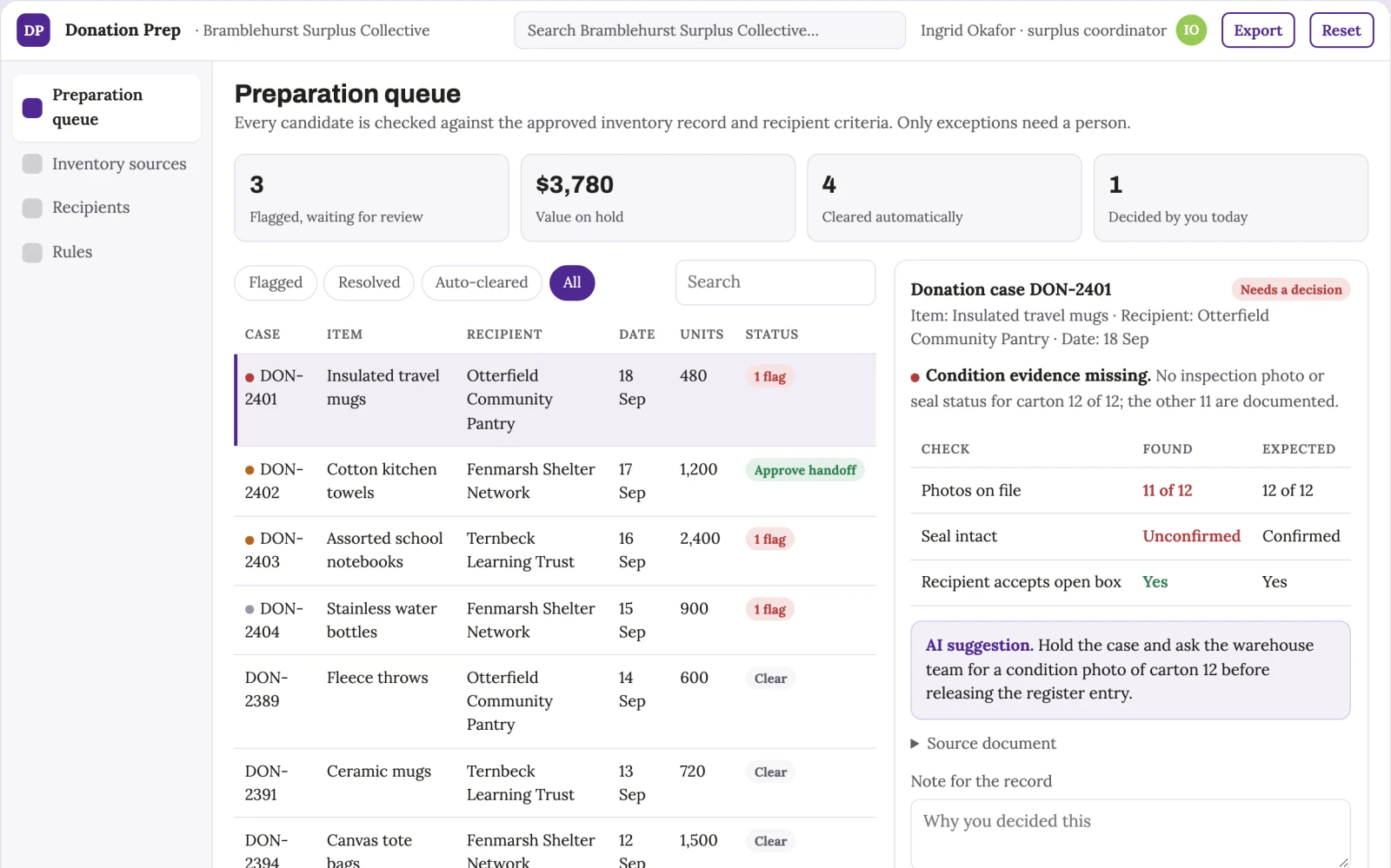 Screenshot of the Inventory donation preparation portal interactive demo