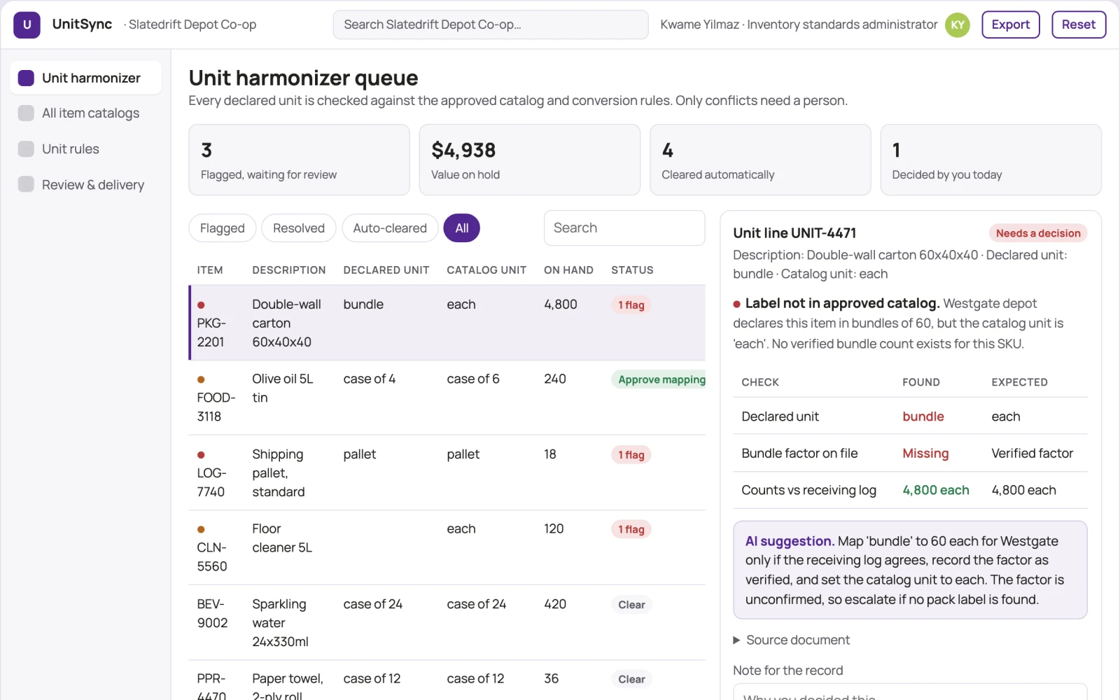 Screenshot of the Inventory unit-definition harmonizer interactive demo