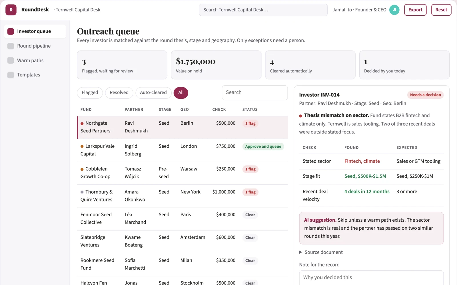 Screenshot of the Investor outreach and fundraising coordination portal interactive demo