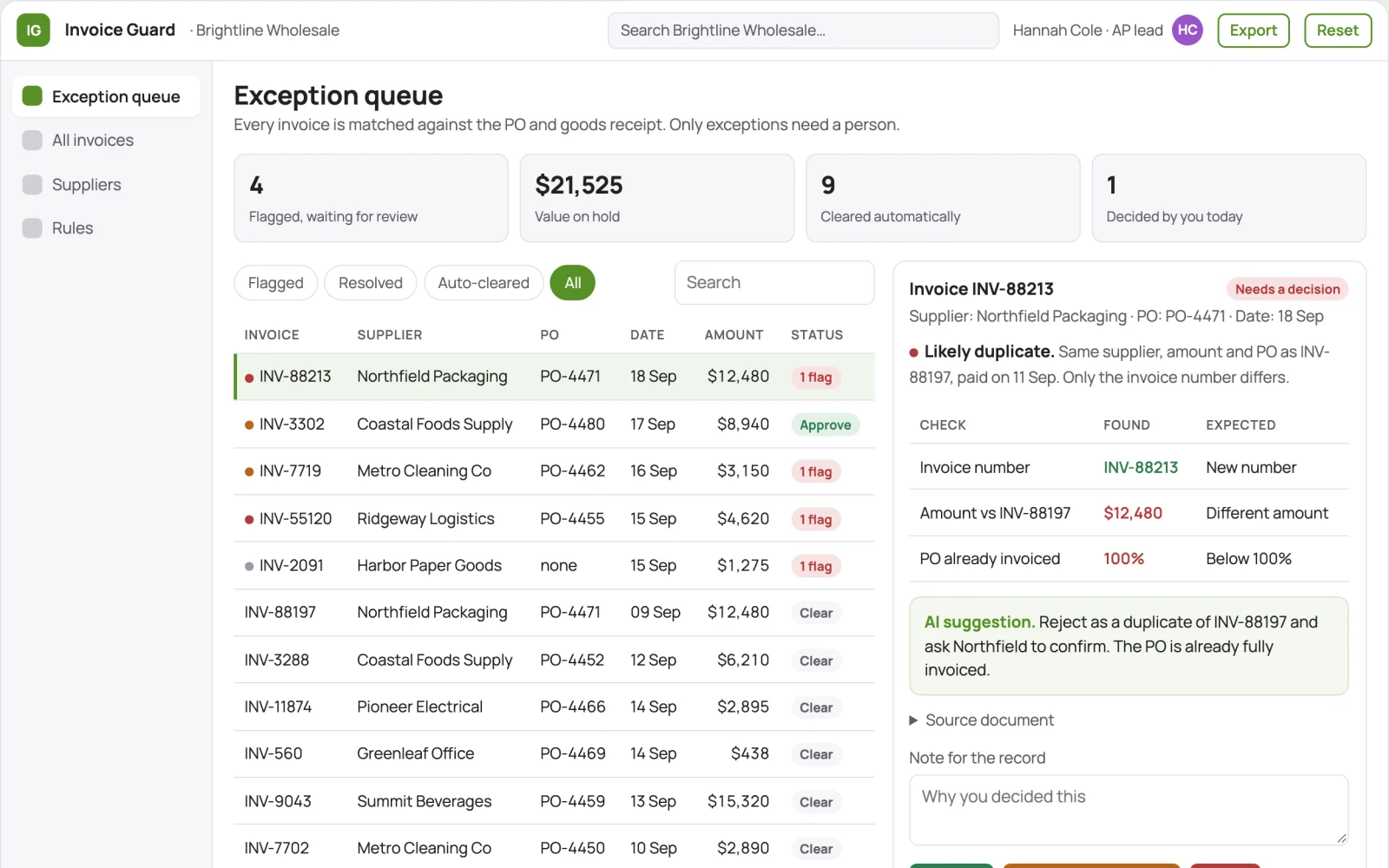 Demo screen of Invoice exception detector