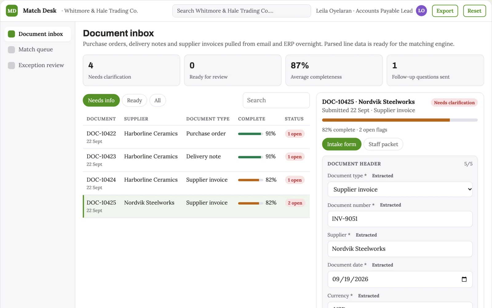 Screenshot of the Overnight Invoice Matcher interactive demo