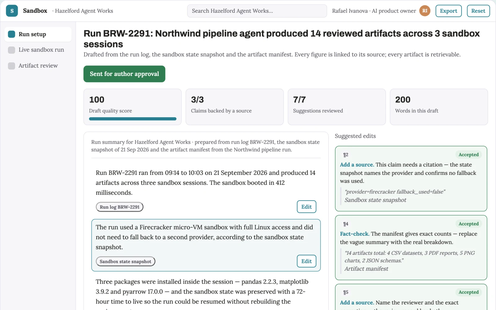 Screenshot of the Isolated agent sandbox delivery workspace interactive demo