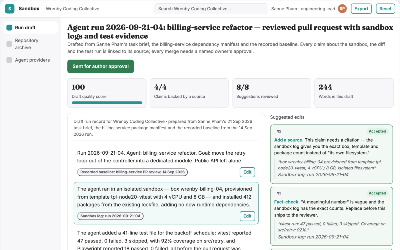 Screenshot of the Isolated AI coding agent delivery workspace interactive demo