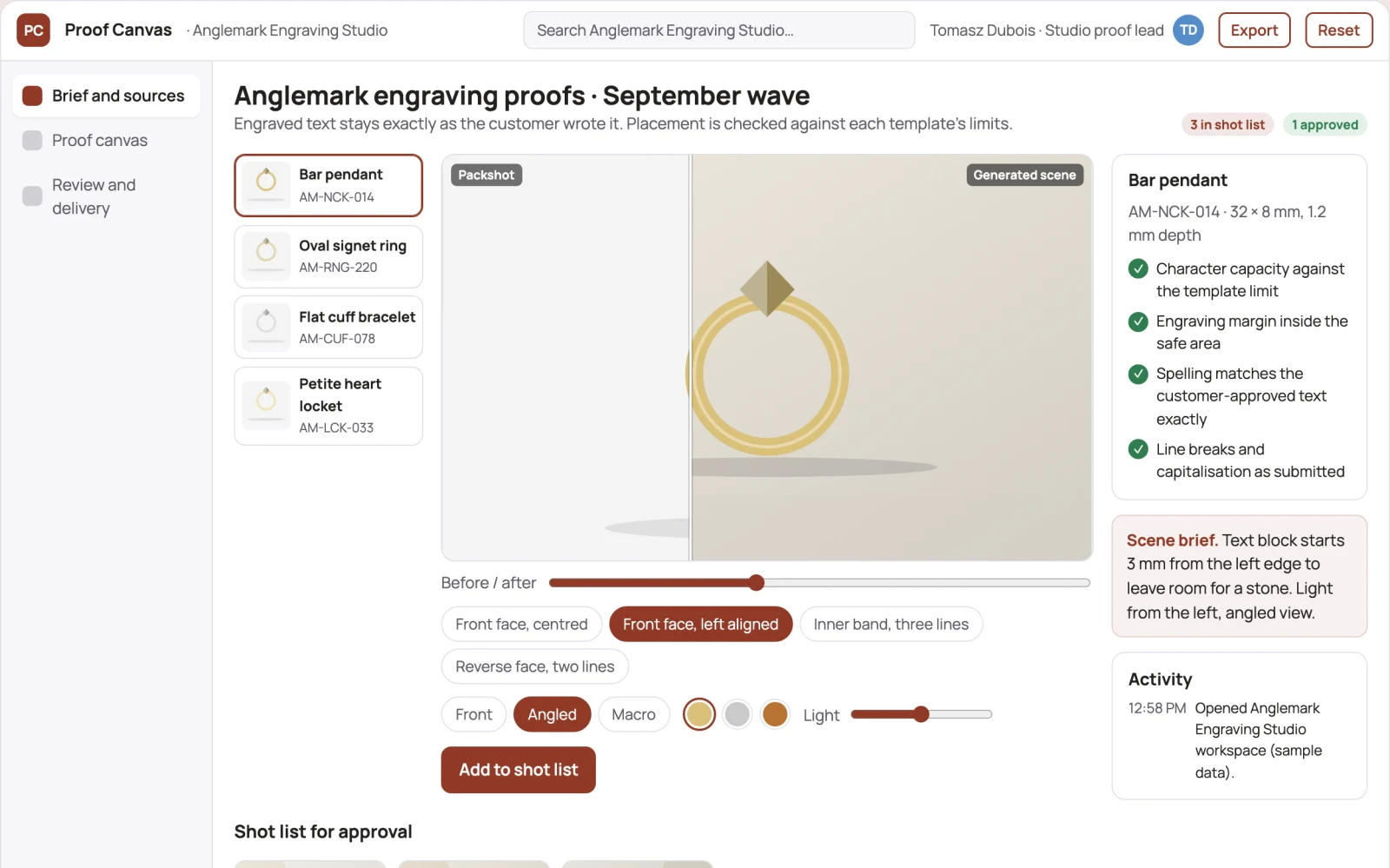Screenshot of the Jewelry engraving proof portal interactive demo