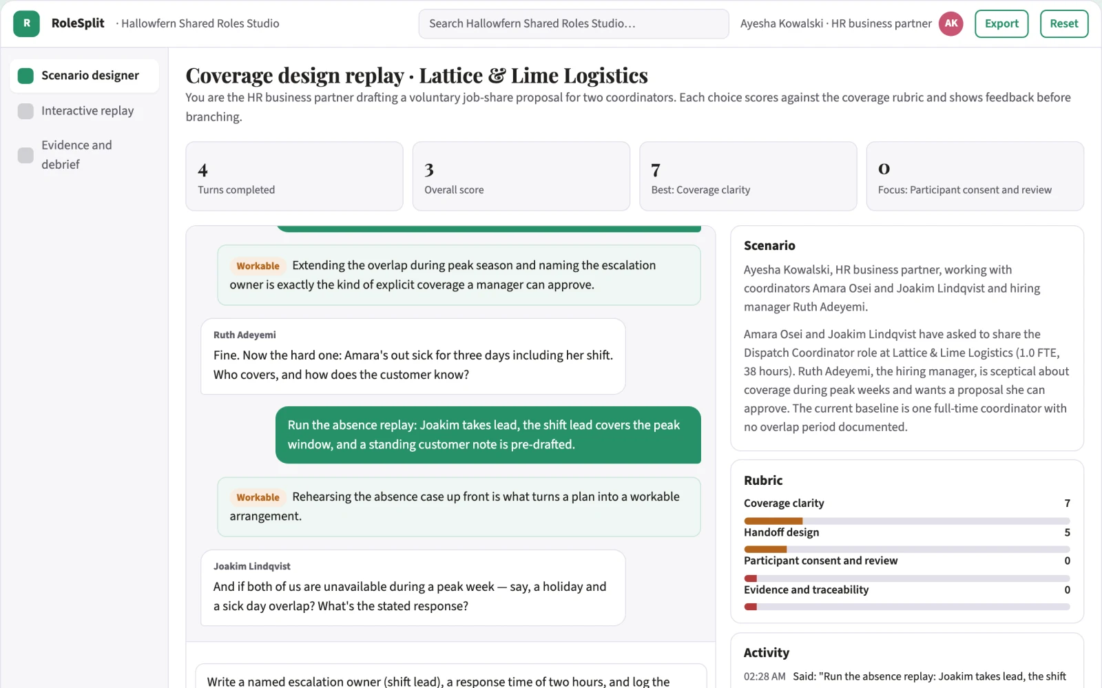 Screenshot of the Job-share role design sandbox interactive demo