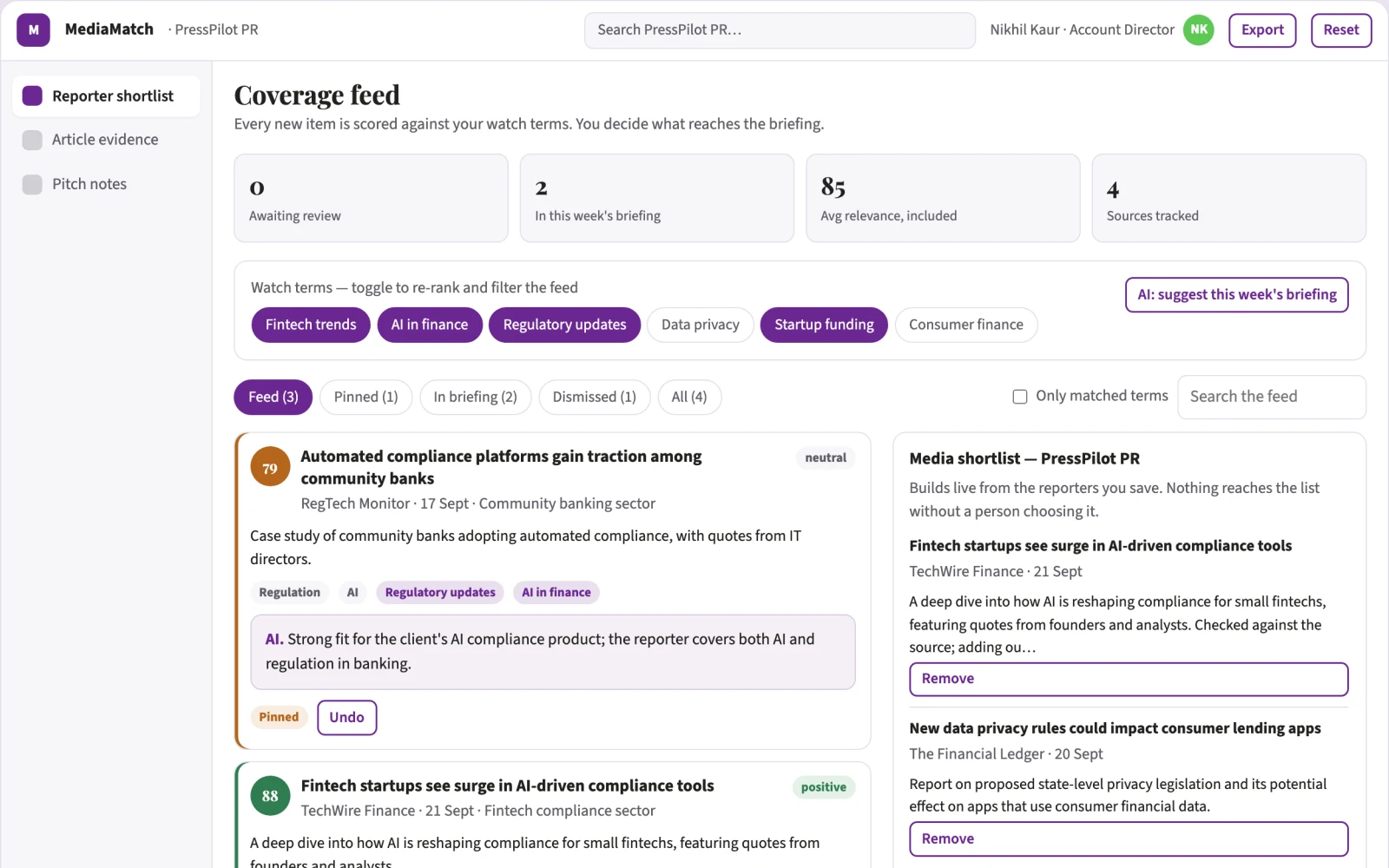 Demo screen of Journalist relevance research