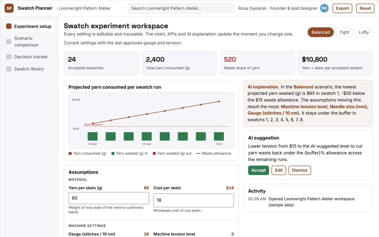 Screenshot of the Knit swatch parameter experiment planner interactive demo