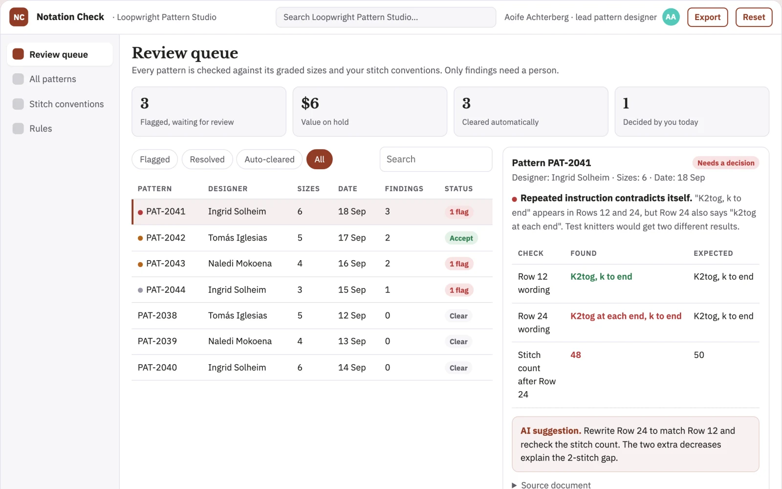 Screenshot of the Knitting pattern notation reviewer interactive demo