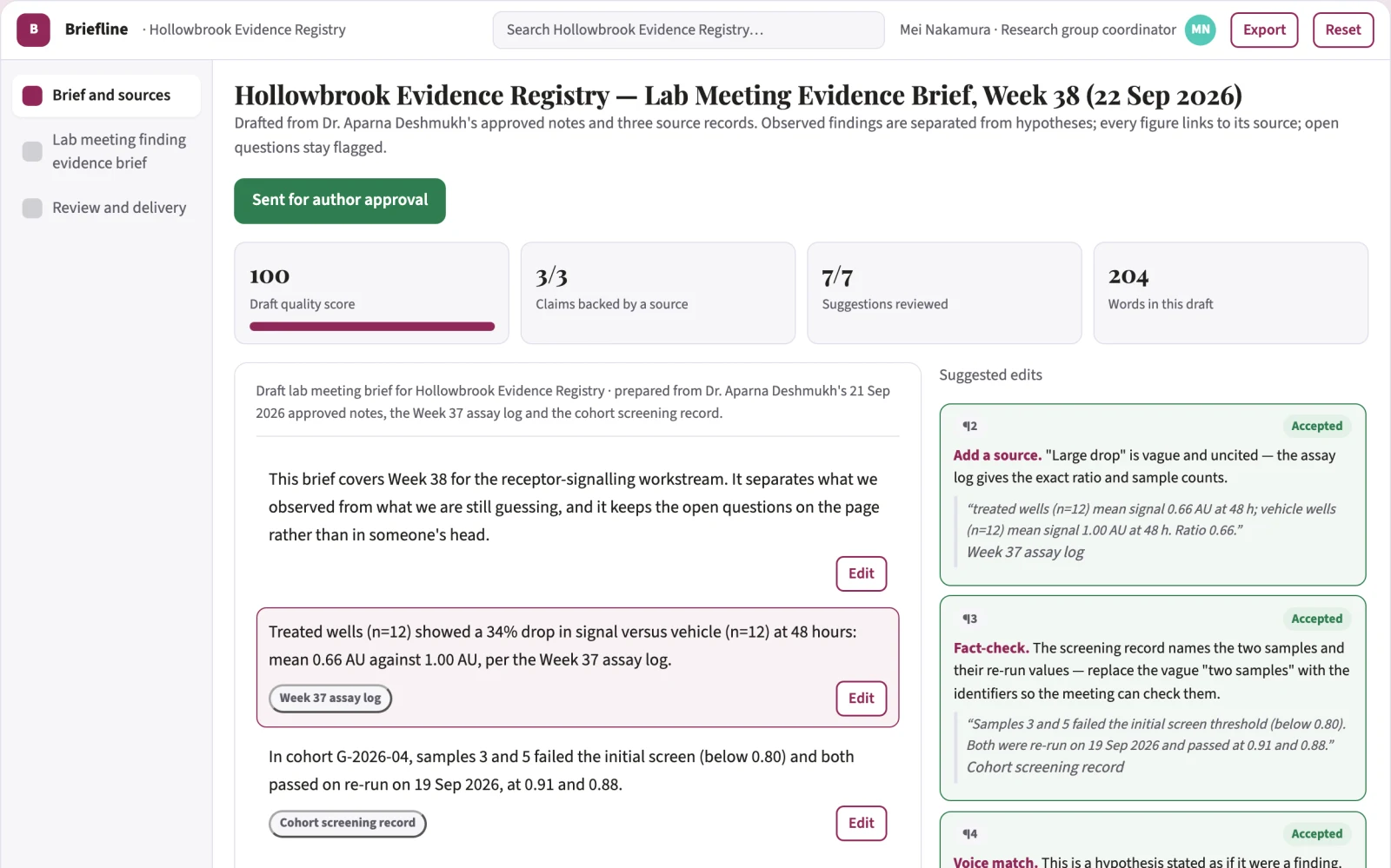 Screenshot of the Lab meeting finding evidence brief interactive demo