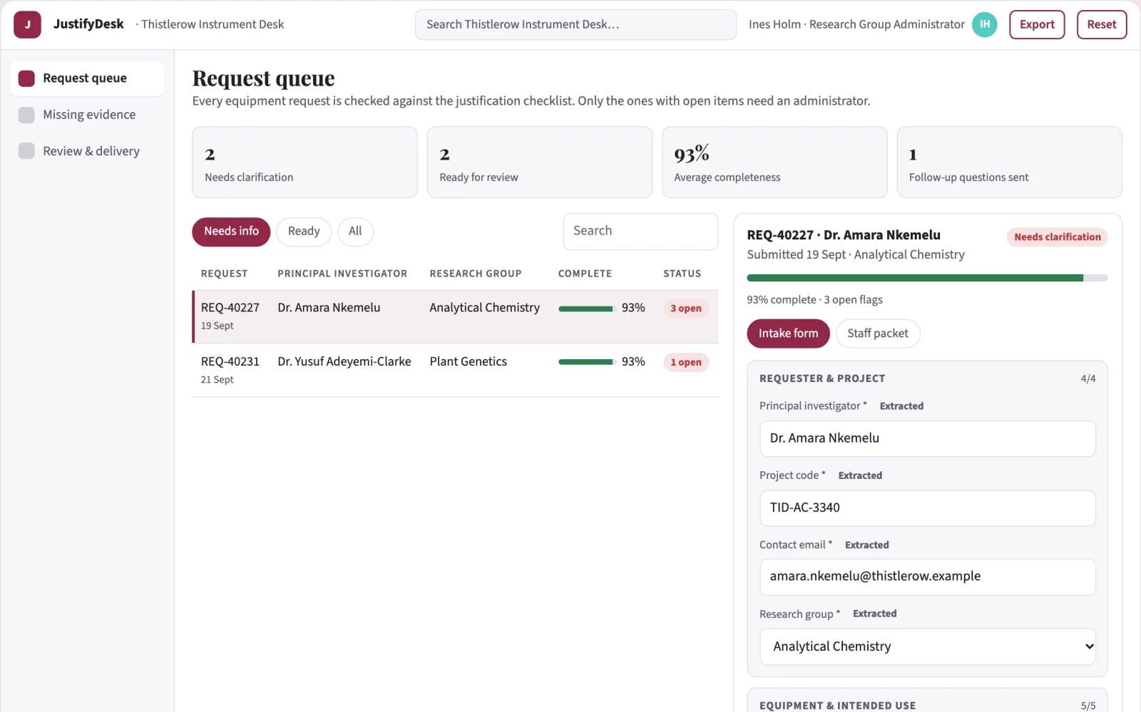 Screenshot of the Laboratory purchase justification desk interactive demo