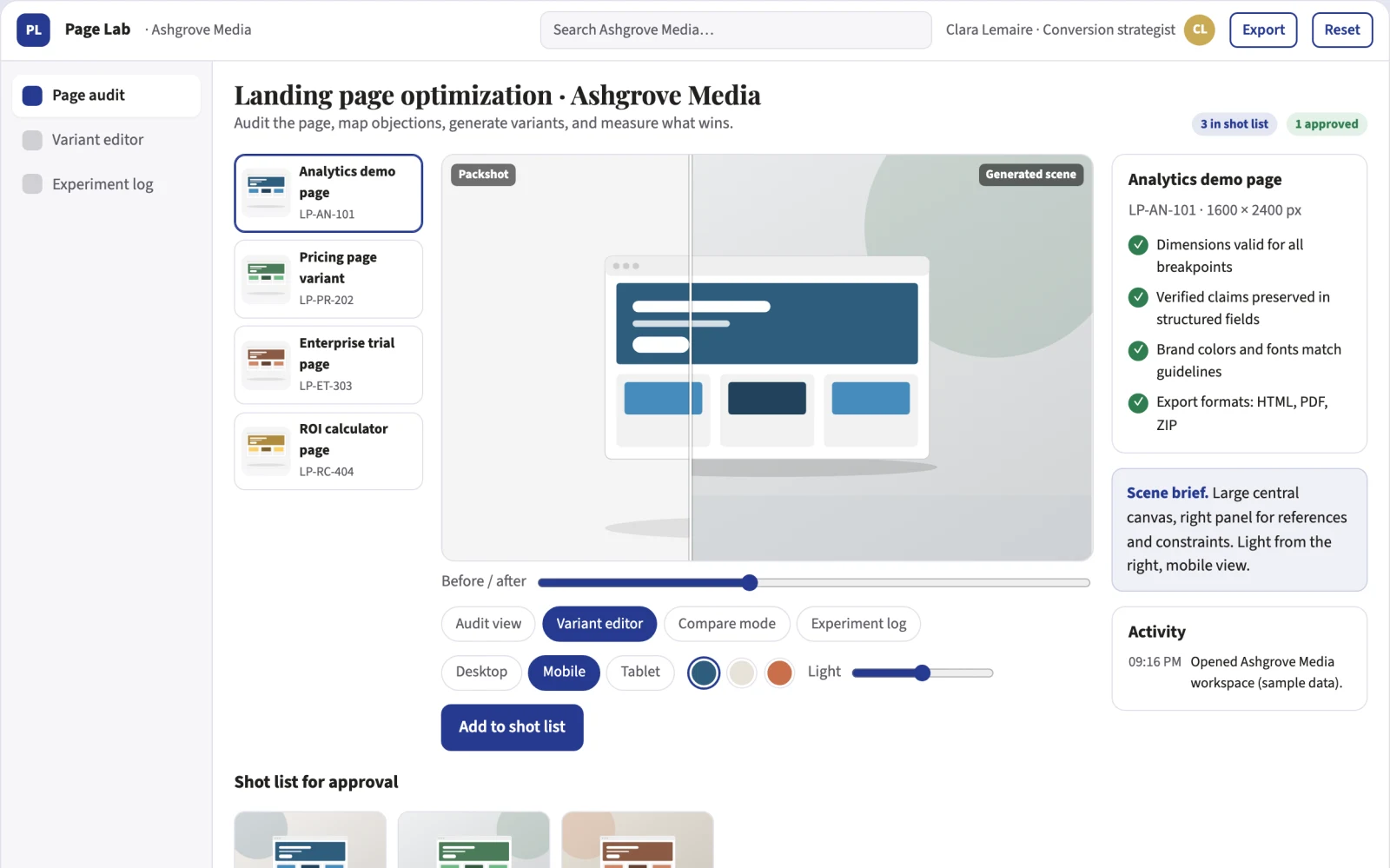 Demo screen of Landing page optimization service