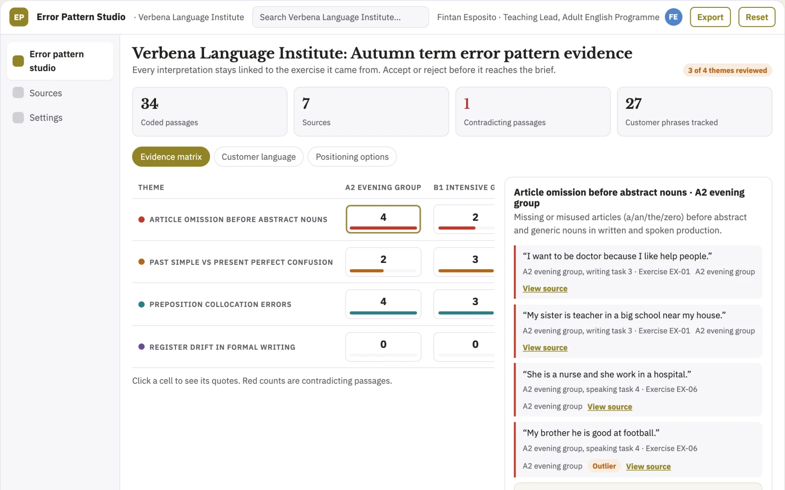 Screenshot of the Language classroom error pattern studio interactive demo