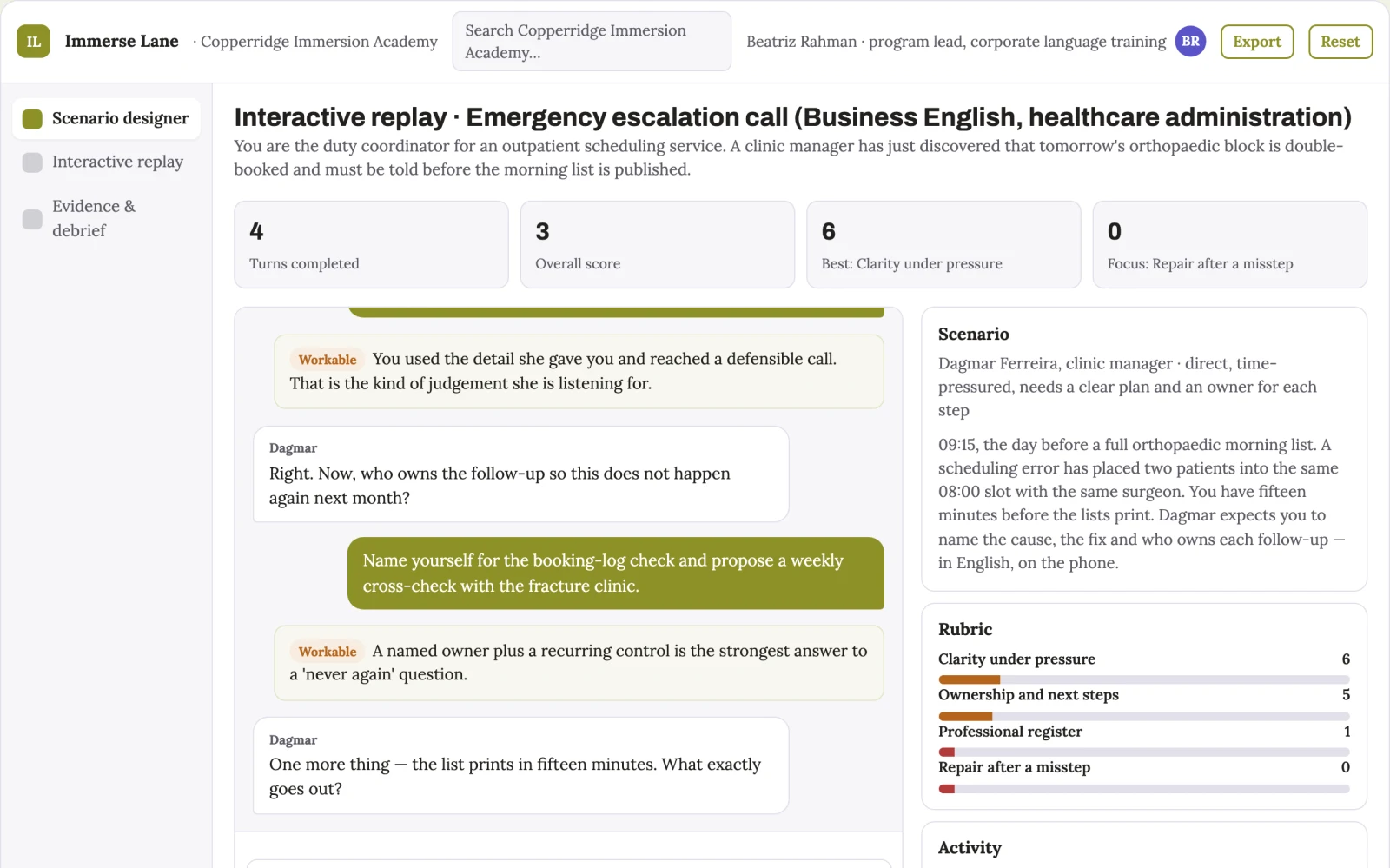 Screenshot of the Language immersion roleplay exchange interactive demo