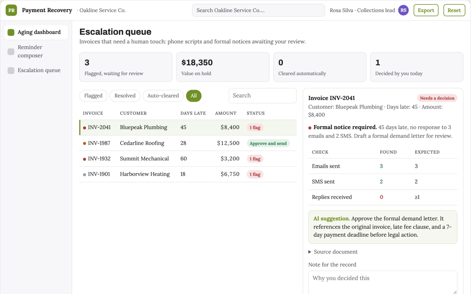 Demo screen of Polite Payment Recovery Agent