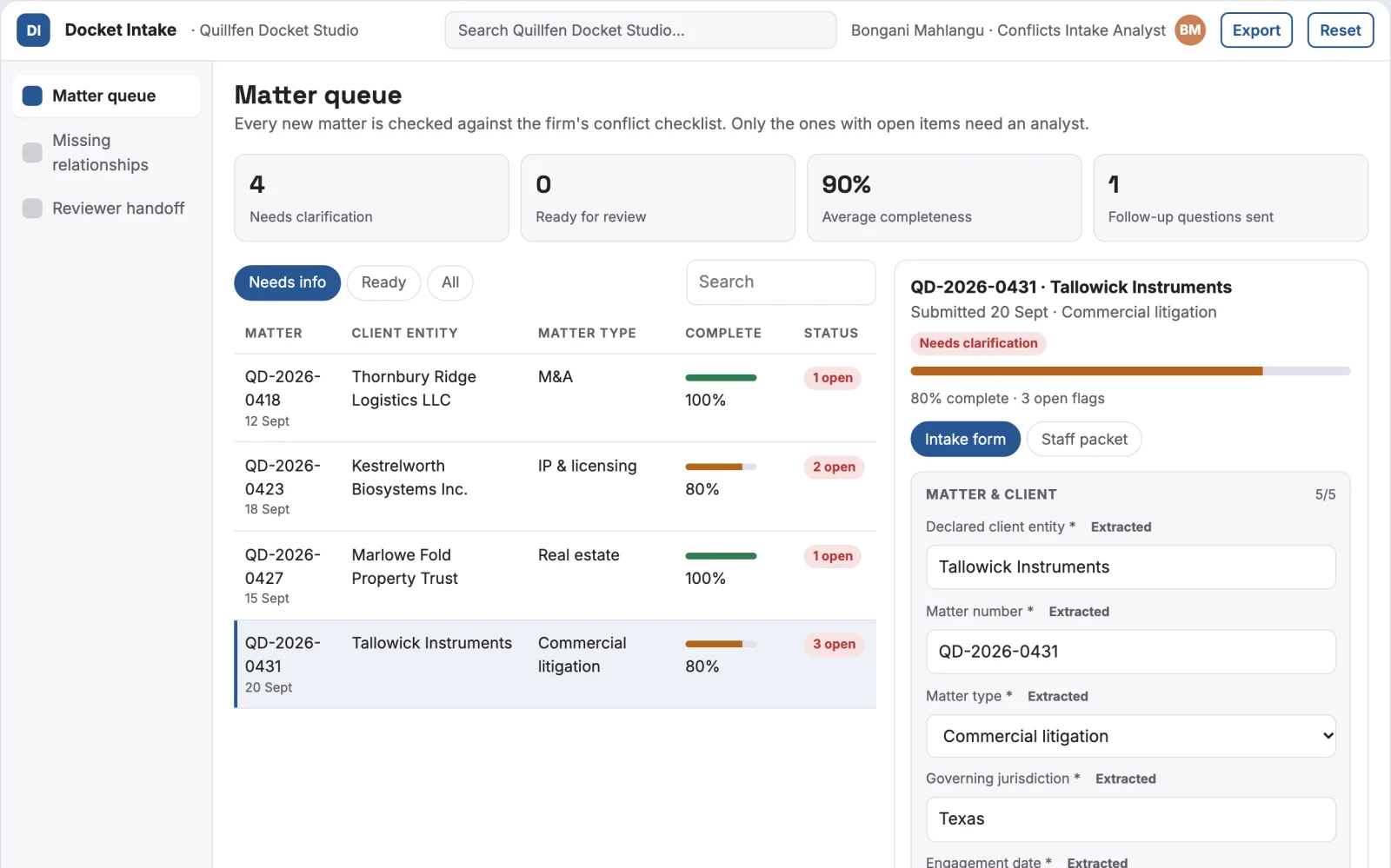 Screenshot of the Law firm conflict-check preparation interactive demo