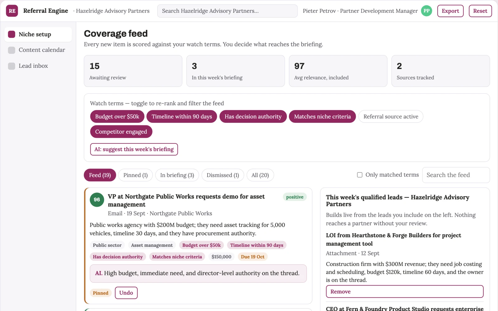 Demo screen of Referral Lead Engine