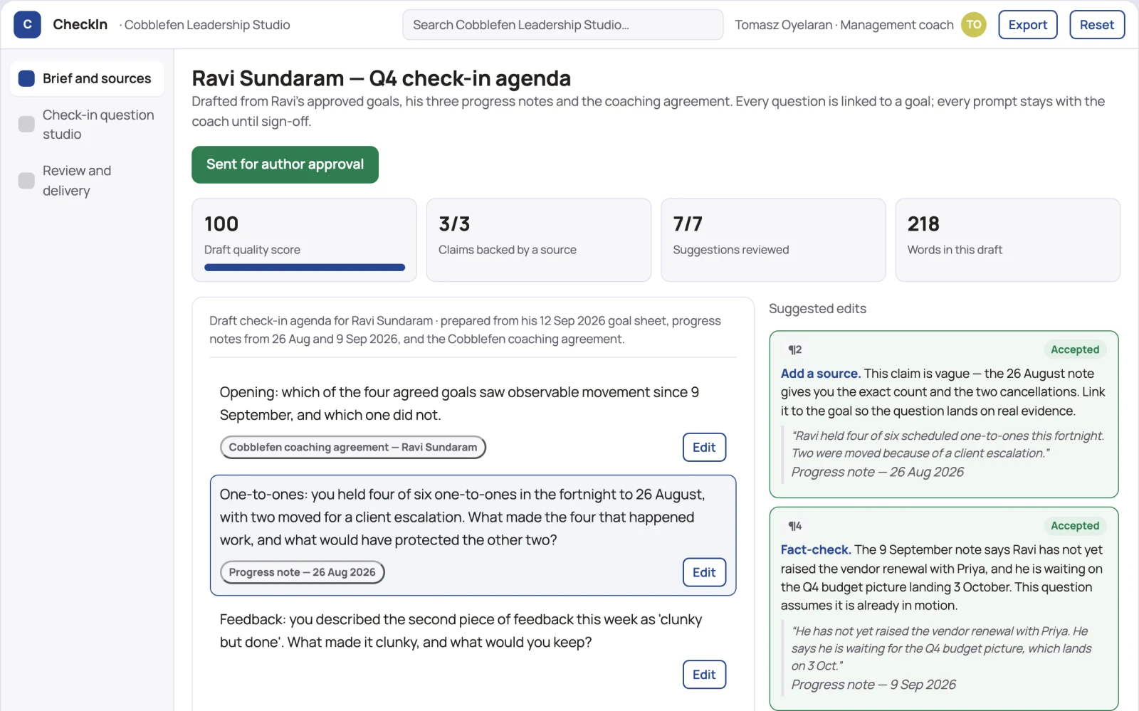 Screenshot of the Leadership check-in question studio interactive demo