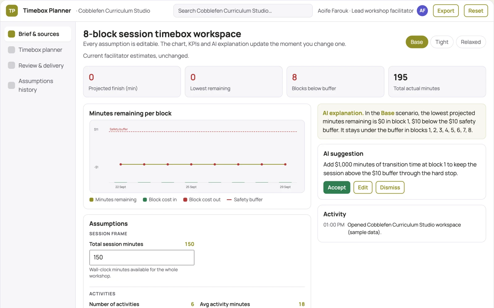 Screenshot of the Learning activity timebox planner interactive demo