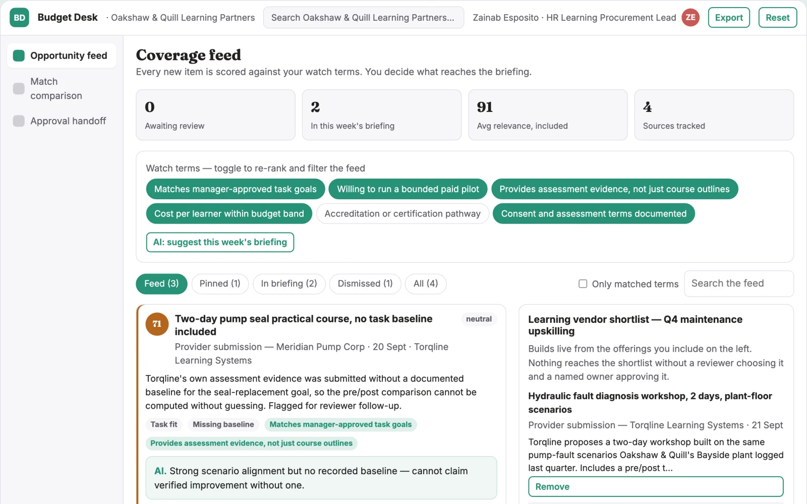 Screenshot of the Learning budget outcome marketplace interactive demo