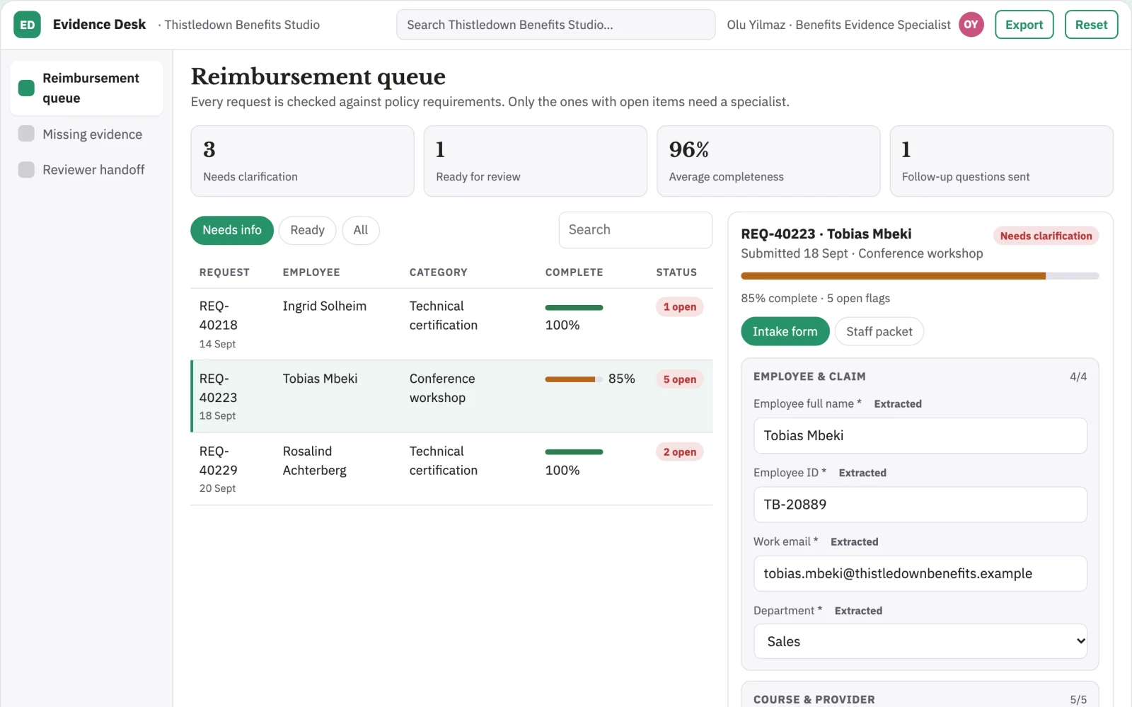Screenshot of the Learning reimbursement evidence desk interactive demo