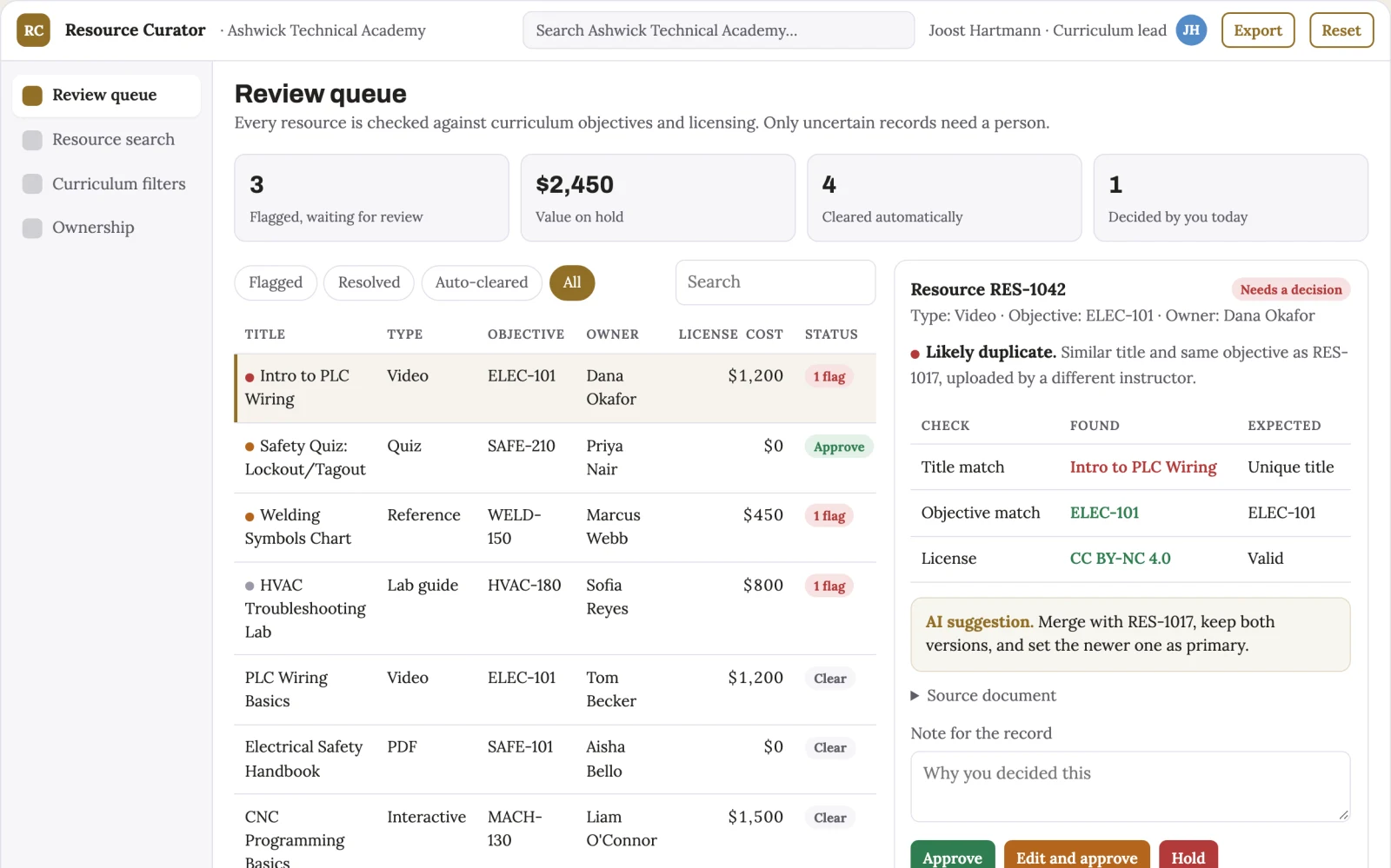Demo screen of Learning resource organizer
