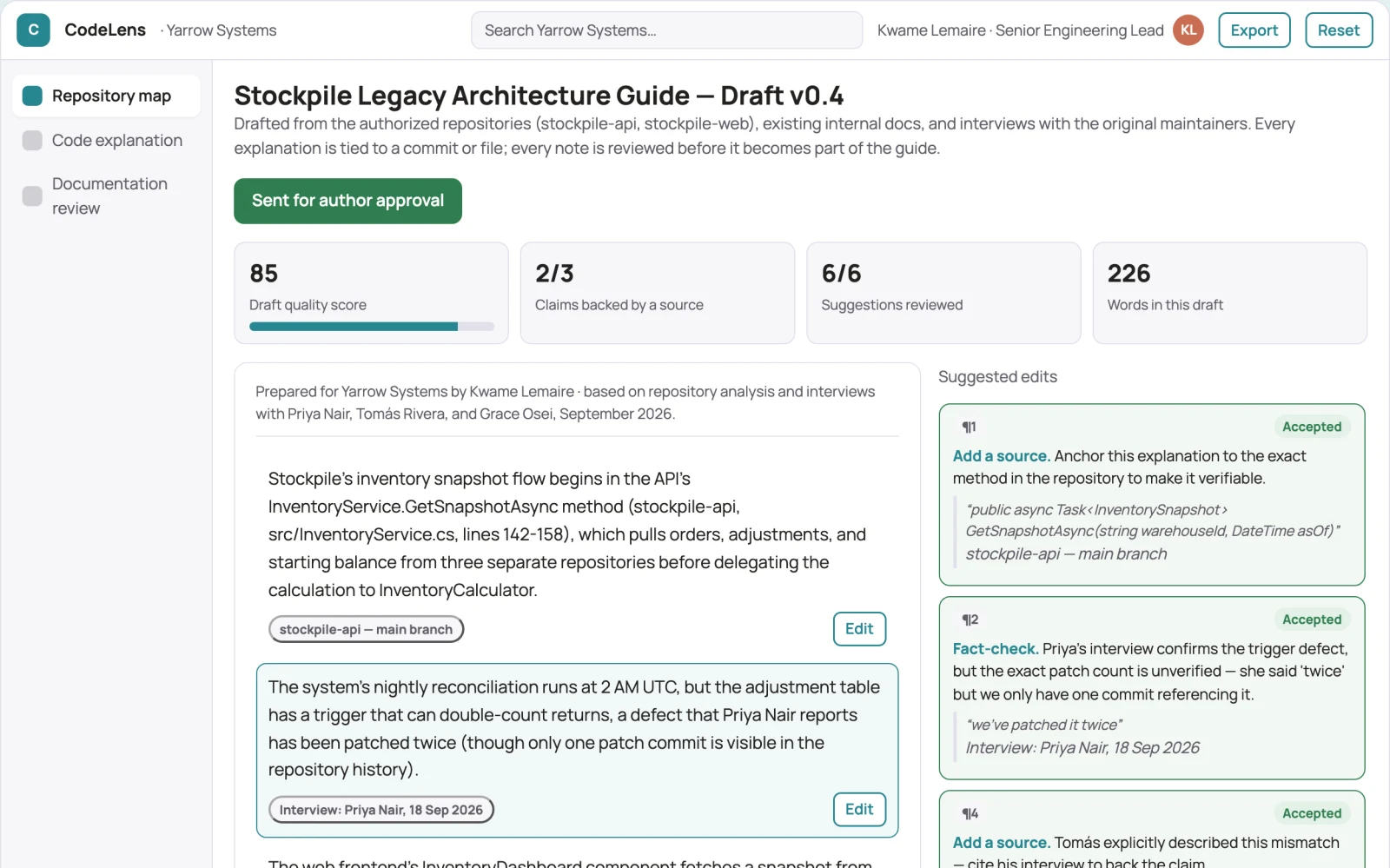 Demo screen of Legacy code explanation service