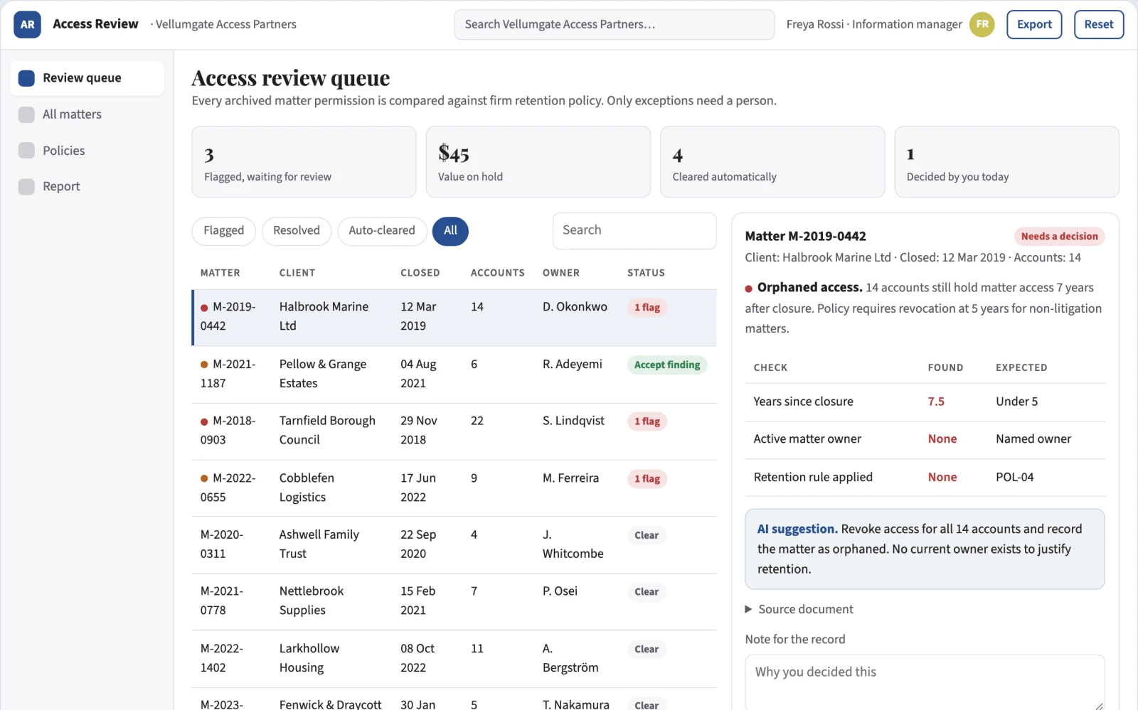 Screenshot of the Legal archive access review desk interactive demo