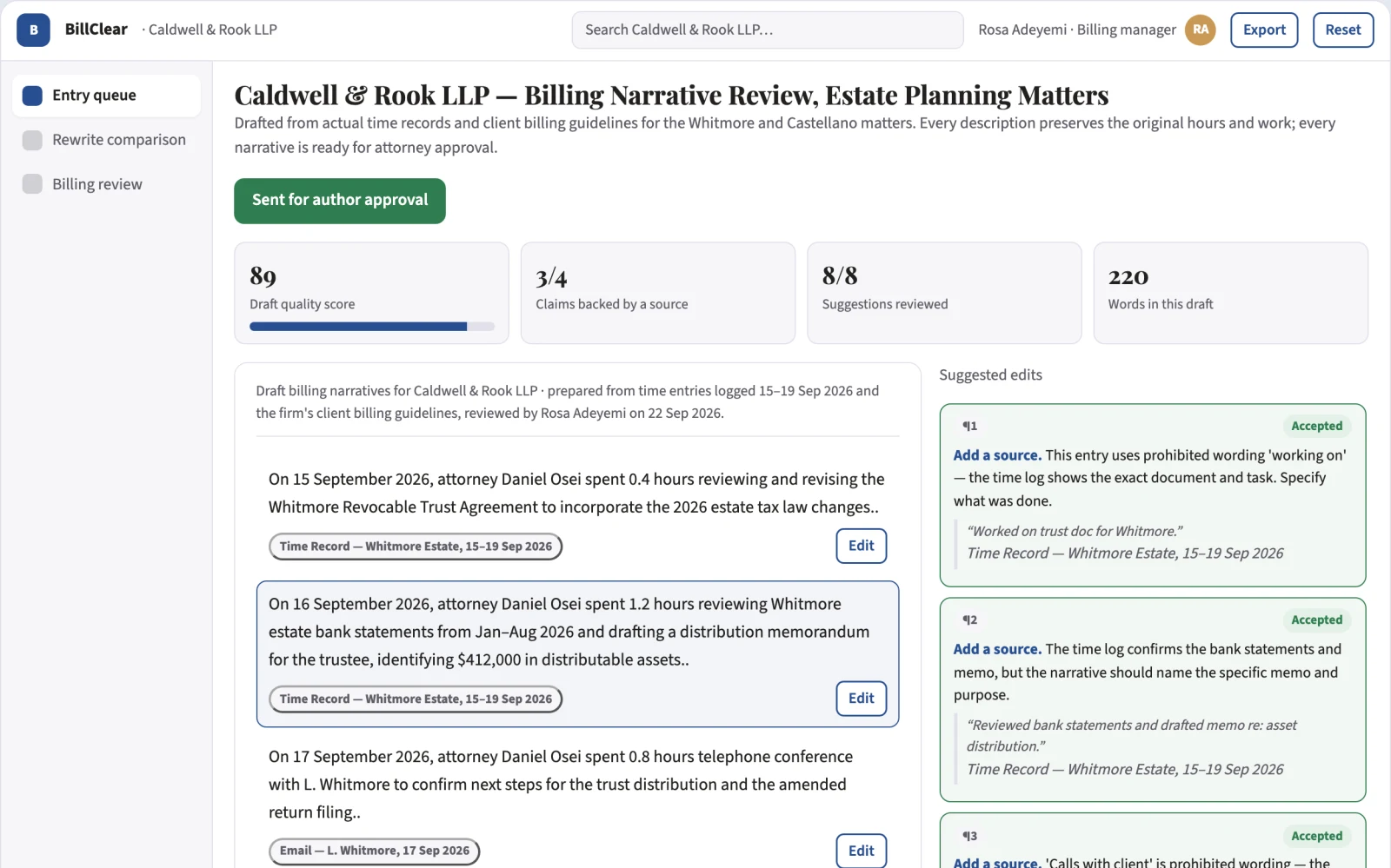 Demo screen of Legal billing narrative editor