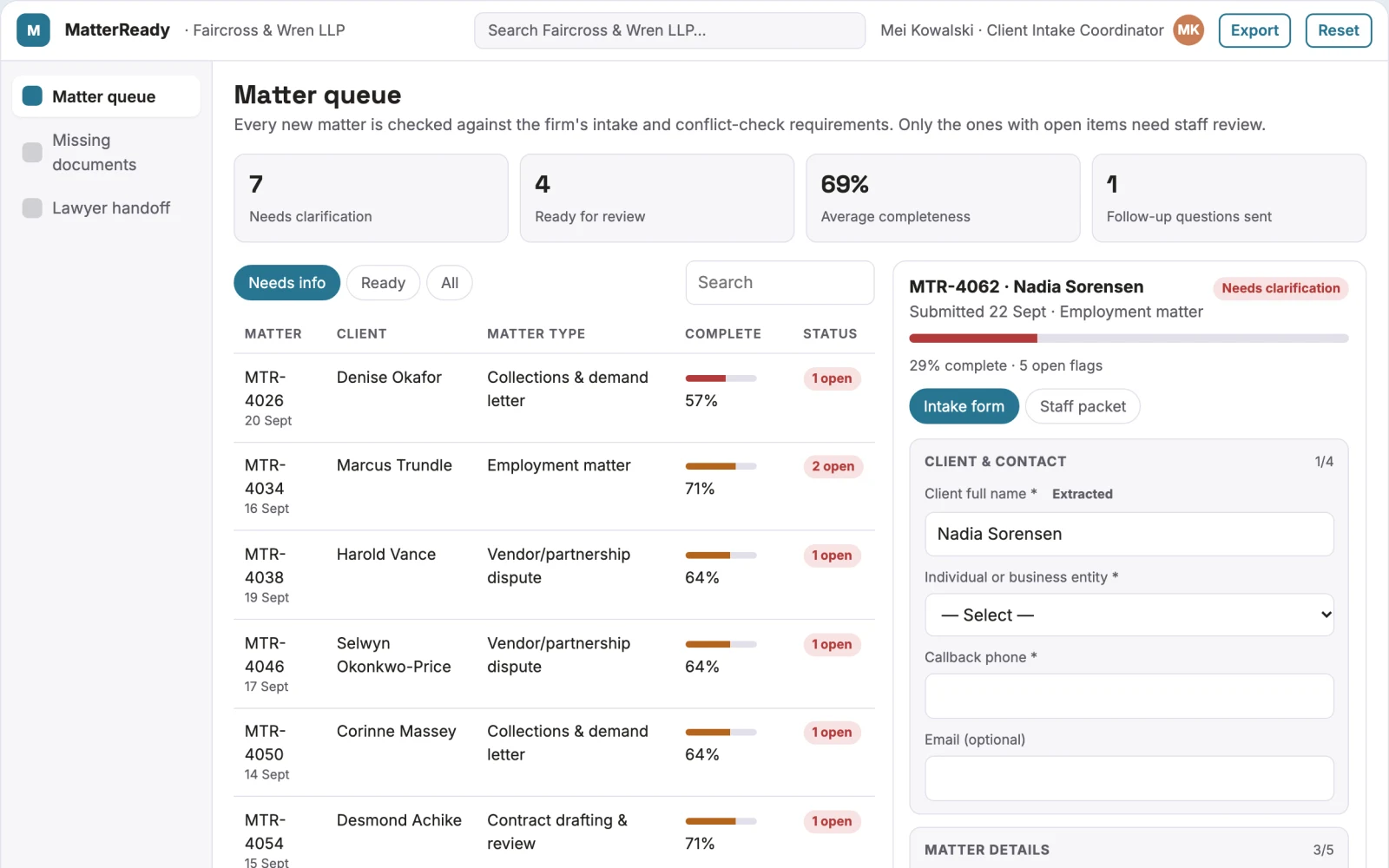 Demo screen of Legal client intake assistant