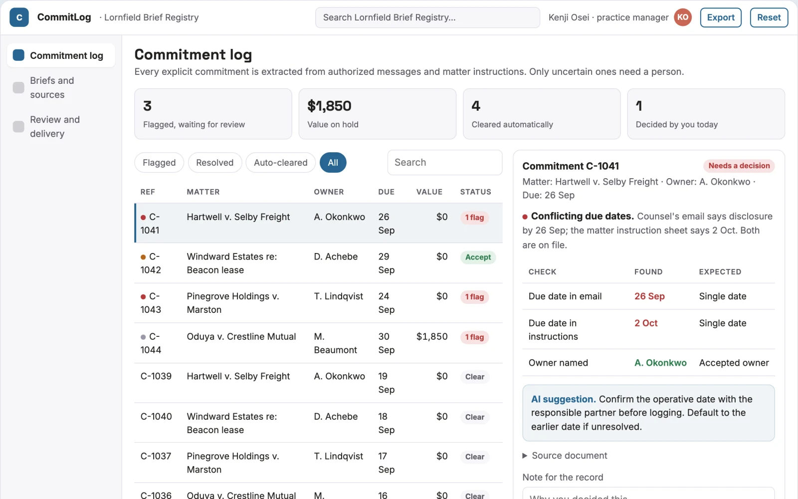 Screenshot of the Legal correspondence commitment log interactive demo