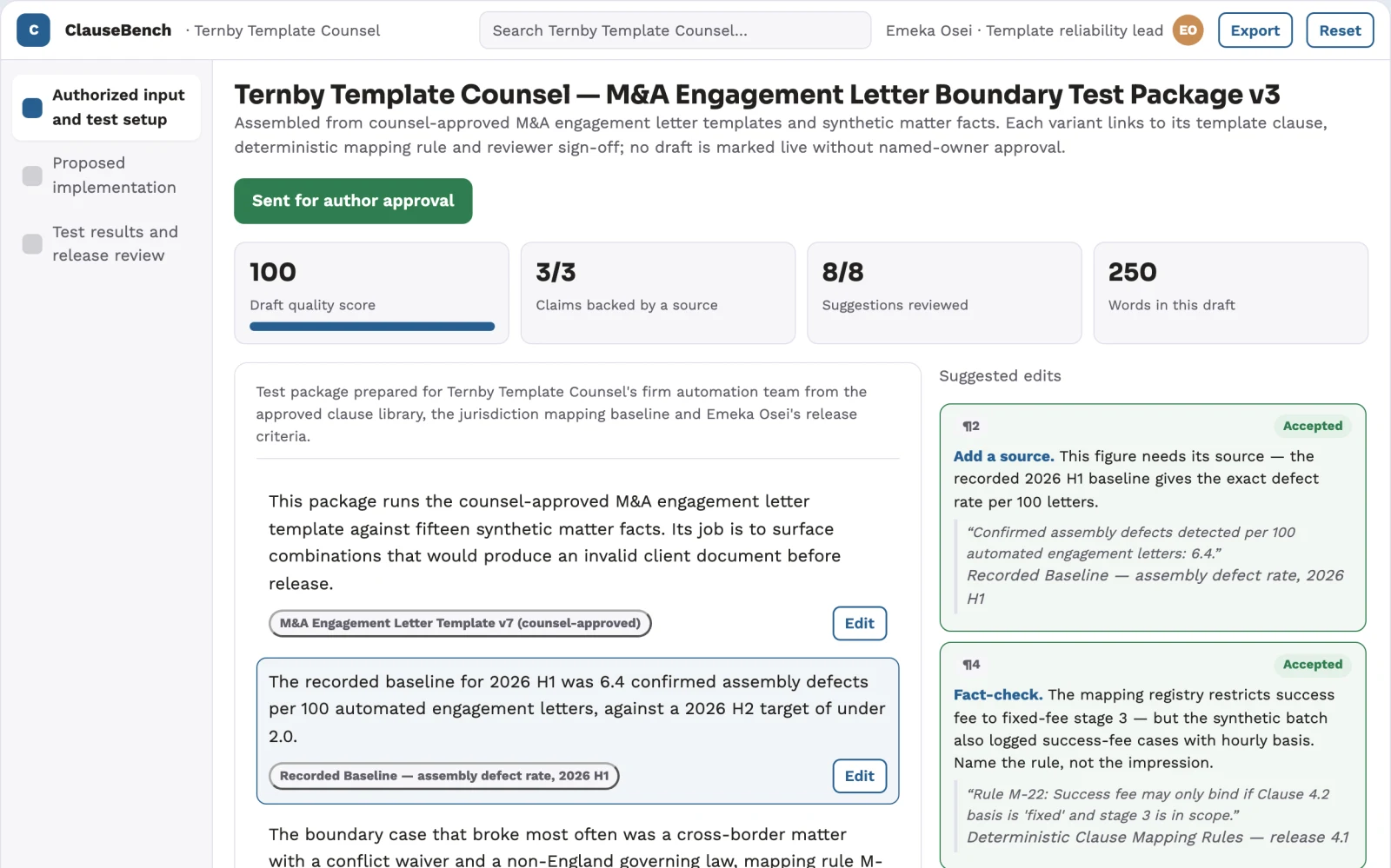 Screenshot of the Legal document assembly test harness interactive demo