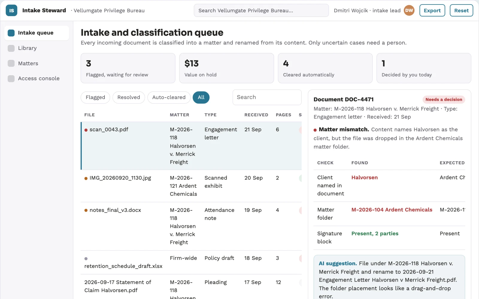 Screenshot of the Legal document intake and stewardship console interactive demo