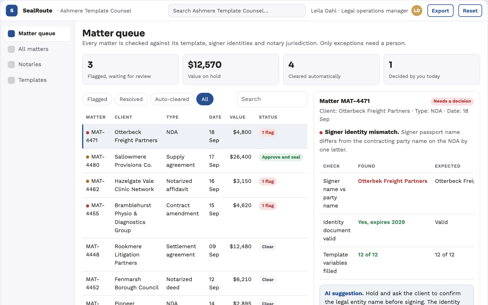 Screenshot of the Legal document signing and notarization coordination portal interactive demo