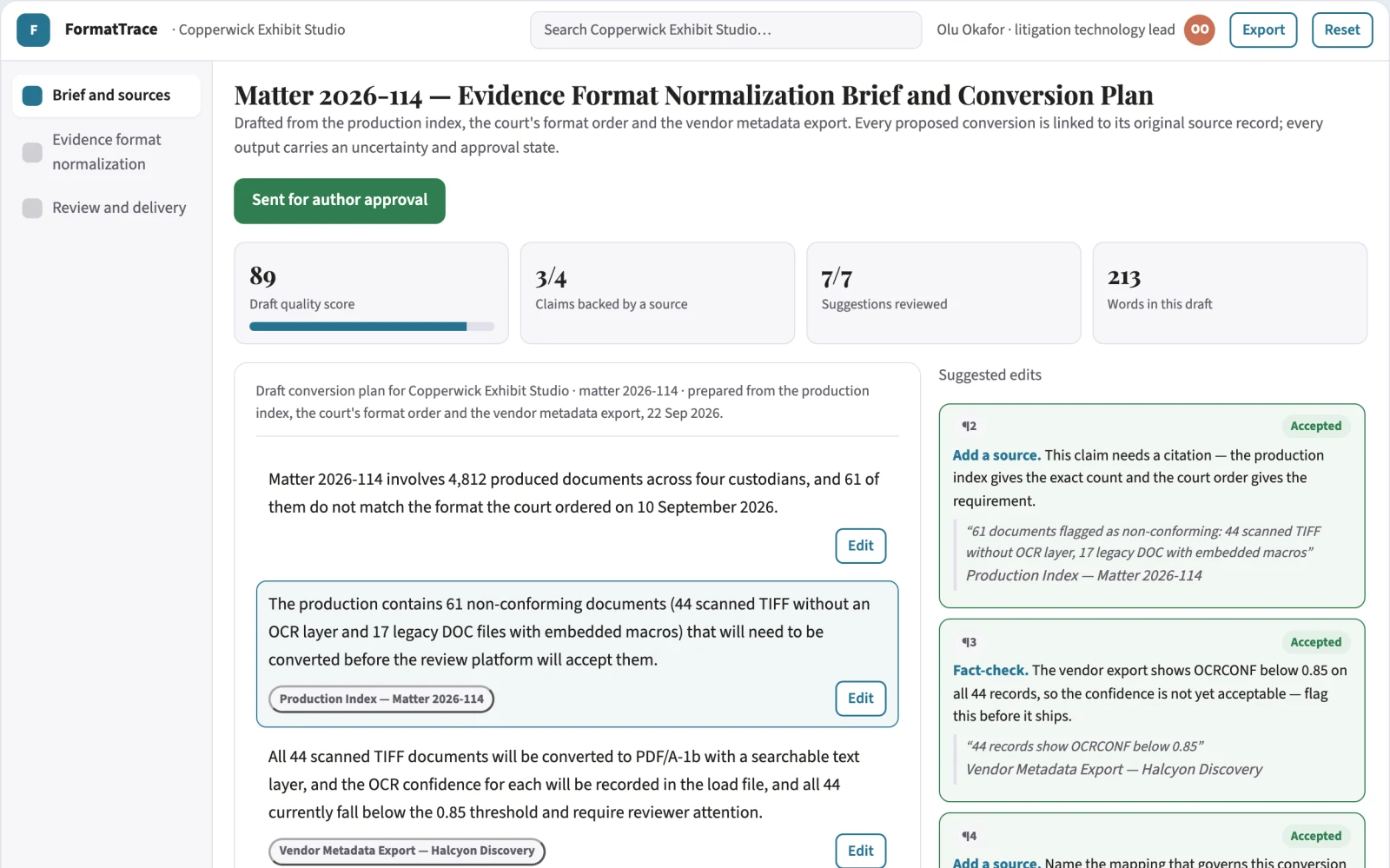 Screenshot of the Legal evidence format normalization interactive demo