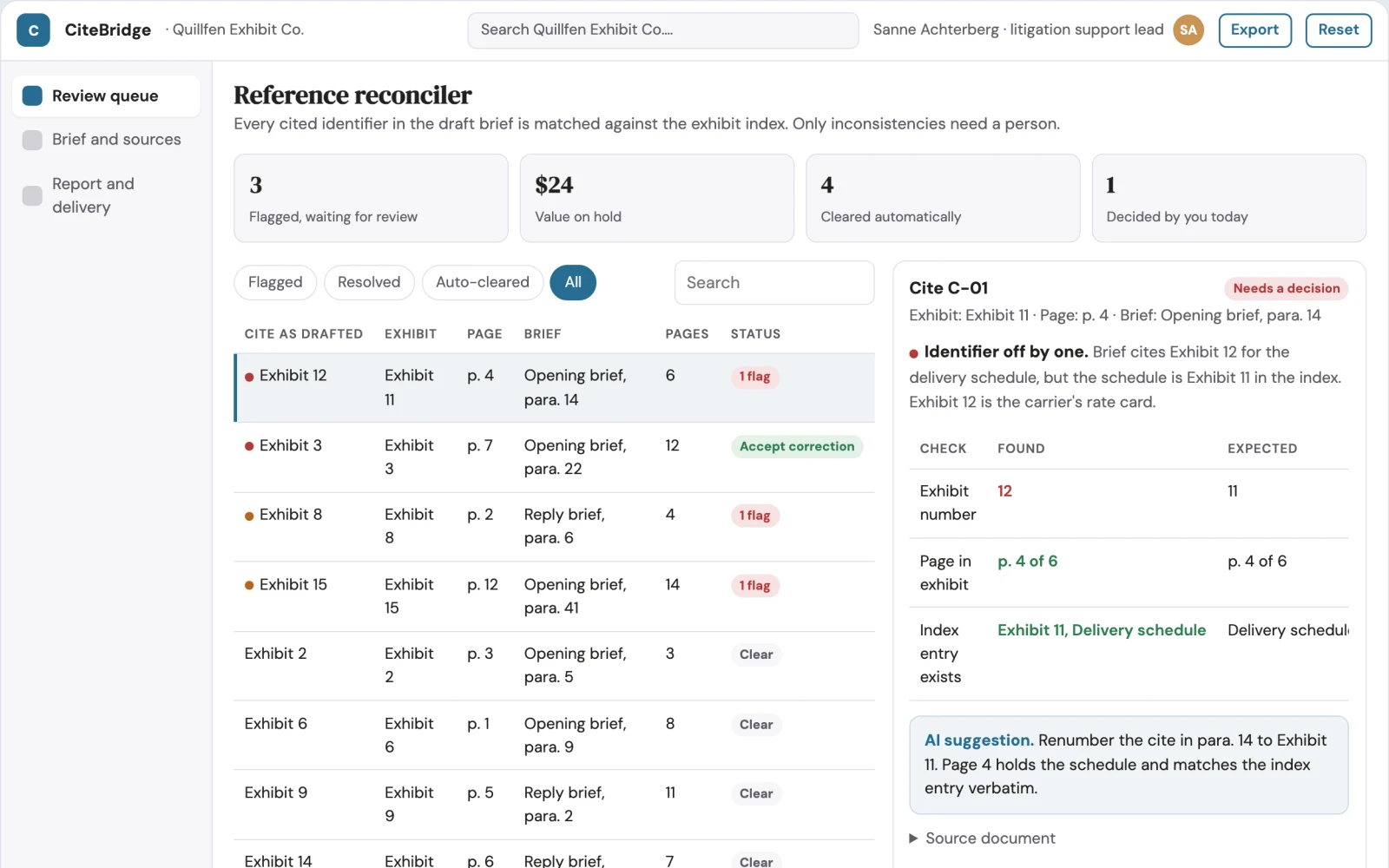 Screenshot of the Legal exhibit reference reconciler interactive demo
