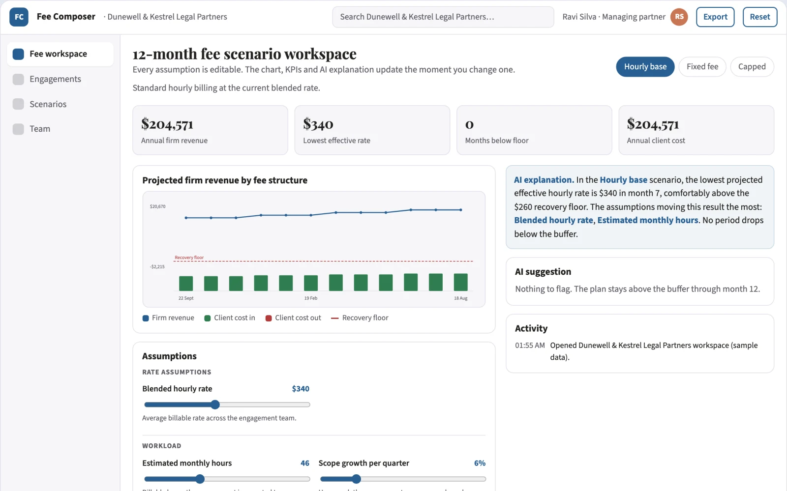 Screenshot of the Legal fee arrangement scenario composer interactive demo