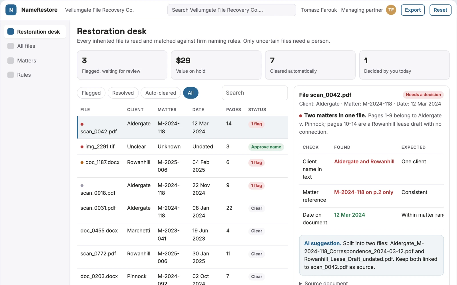 Screenshot of the Legal file naming restoration desk interactive demo
