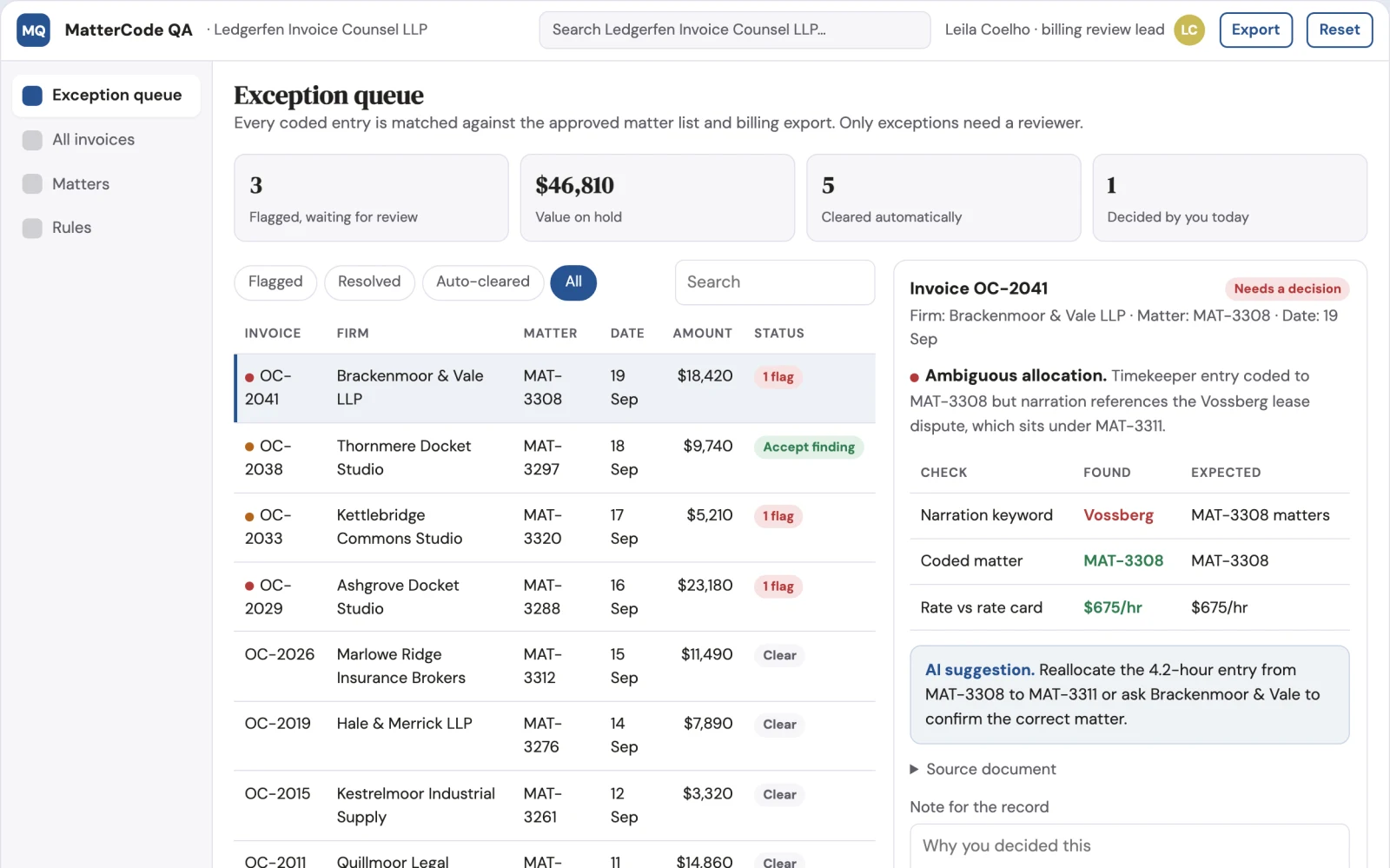 Screenshot of the Legal invoice matter-code validator interactive demo