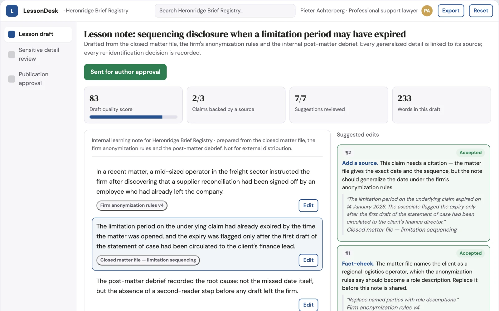 Screenshot of the Legal knowledge anonymization desk interactive demo